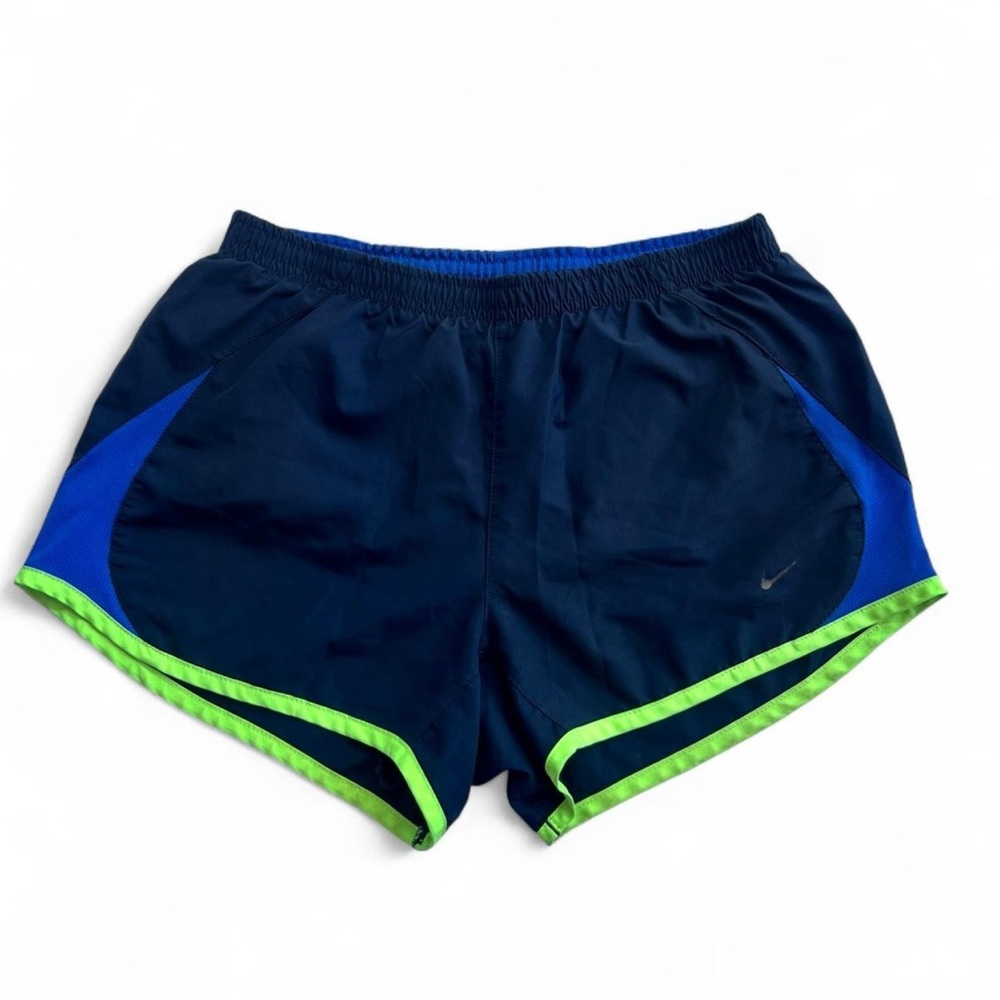 Nike Women's Navy and Neon Green Athletic Shorts